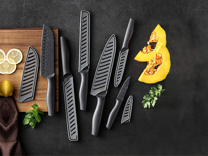 Marco Almond Kitchen Knife Set, KYA39 12-Piece Chef Knife Sets, 6 Knives with 6 Blade Guards, Stainless Steel Knives Set for Kitchen with Covers, Black