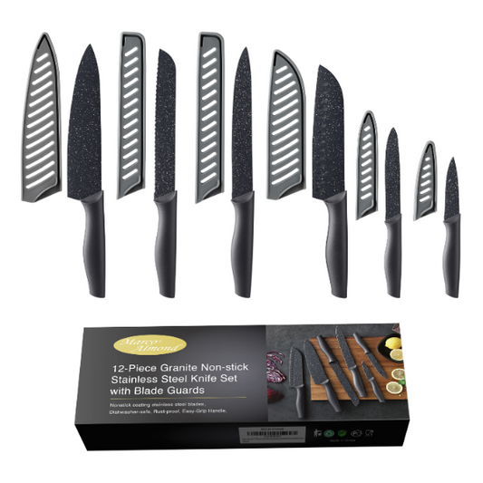 Marco Almond Kitchen Knife Set, KYA39 12-Piece Chef Knife Sets, 6 Knives with 6 Blade Guards, Stainless Steel Knives Set for Kitchen with Covers, Black