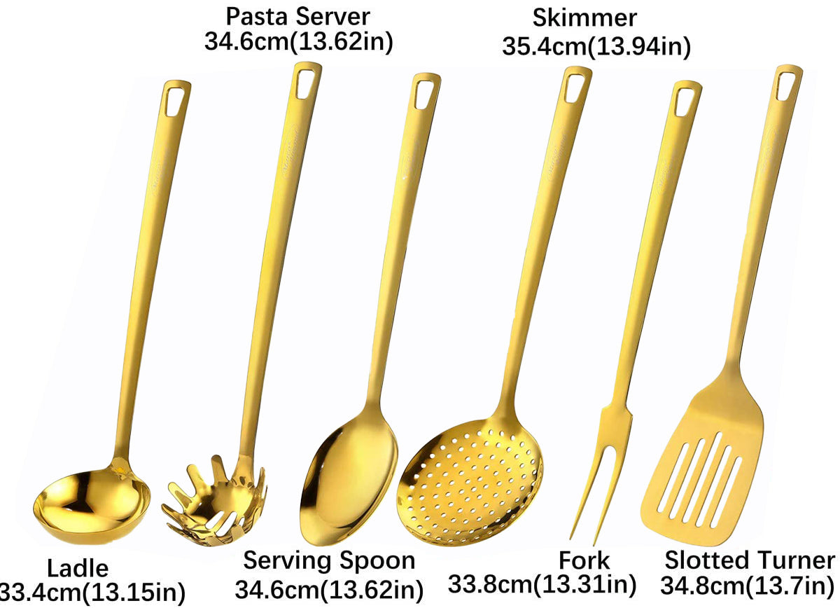 Marco Almond® Kitchen Utensil Set, KYA51B Stainless Steel Cooking Utensils Sets with Titanium Plated, 7 PCS Kitchen Gadgets, Turner, Serving Spoon, Ladle, Skimmer Spoons, Fork, Pasta Server and Holder, Gold