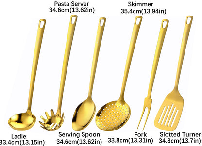 Marco Almond® Kitchen Utensil Set, KYA51B Stainless Steel Cooking Utensils Sets with Titanium Plated, 7 PCS Kitchen Gadgets, Turner, Serving Spoon, Ladle, Skimmer Spoons, Fork, Pasta Server and Holder, Gold