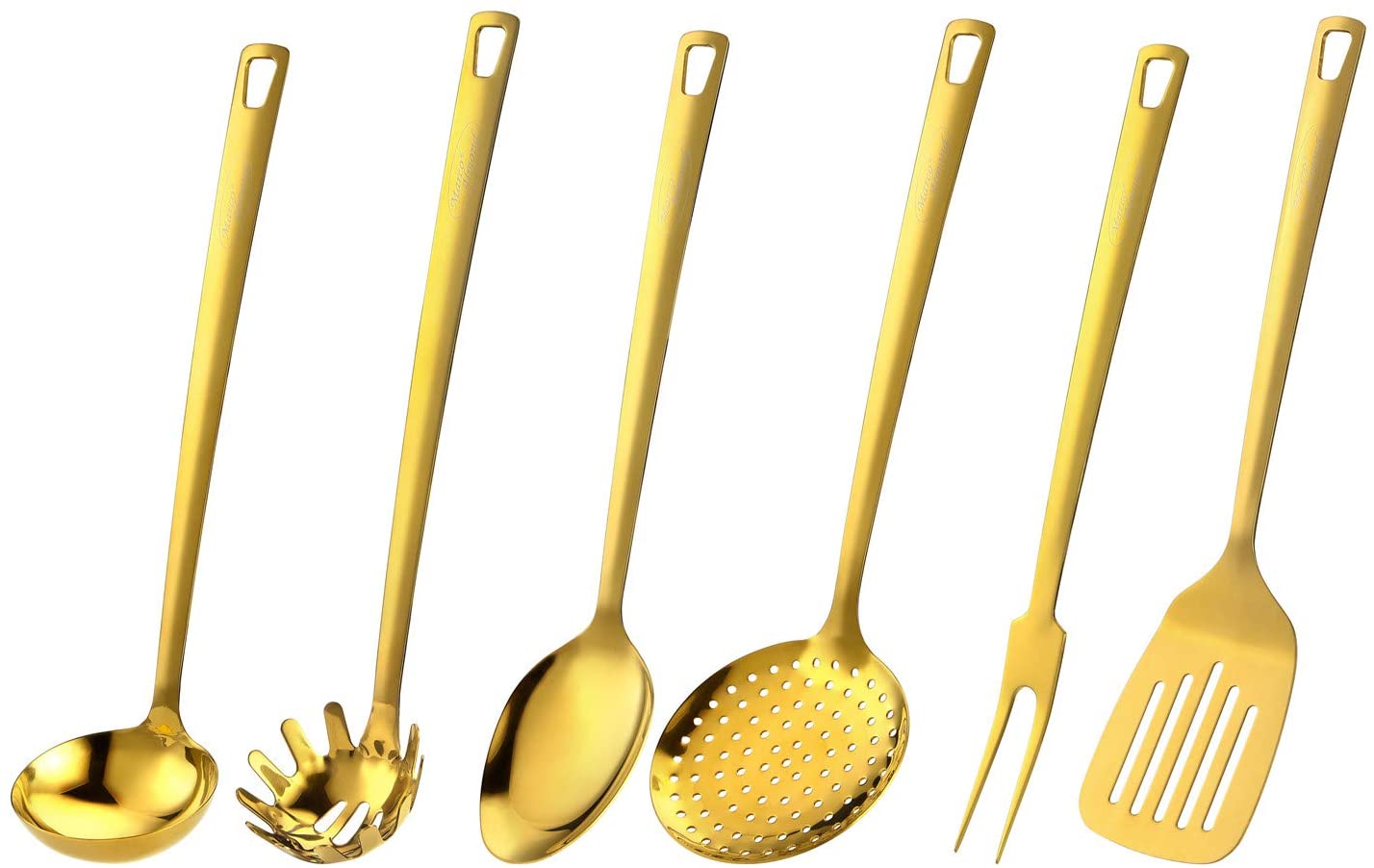 Marco Almond® Kitchen Utensil Set, KYA51B Stainless Steel Cooking Utensils Sets with Titanium Plated, 7 PCS Kitchen Gadgets, Turner, Serving Spoon, Ladle, Skimmer Spoons, Fork, Pasta Server and Holder, Gold