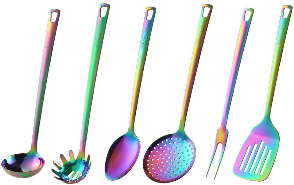 Marco Almond® Kitchen Utensil Set, KYA52B Stainless Steel Cooking Utensils Sets with Titanium Plated, 7 PCS Kitchen Turner, Serving Spoon, Ladle, Skimmer Spoons, Fork, Pasta Server and Holder, Rainbow