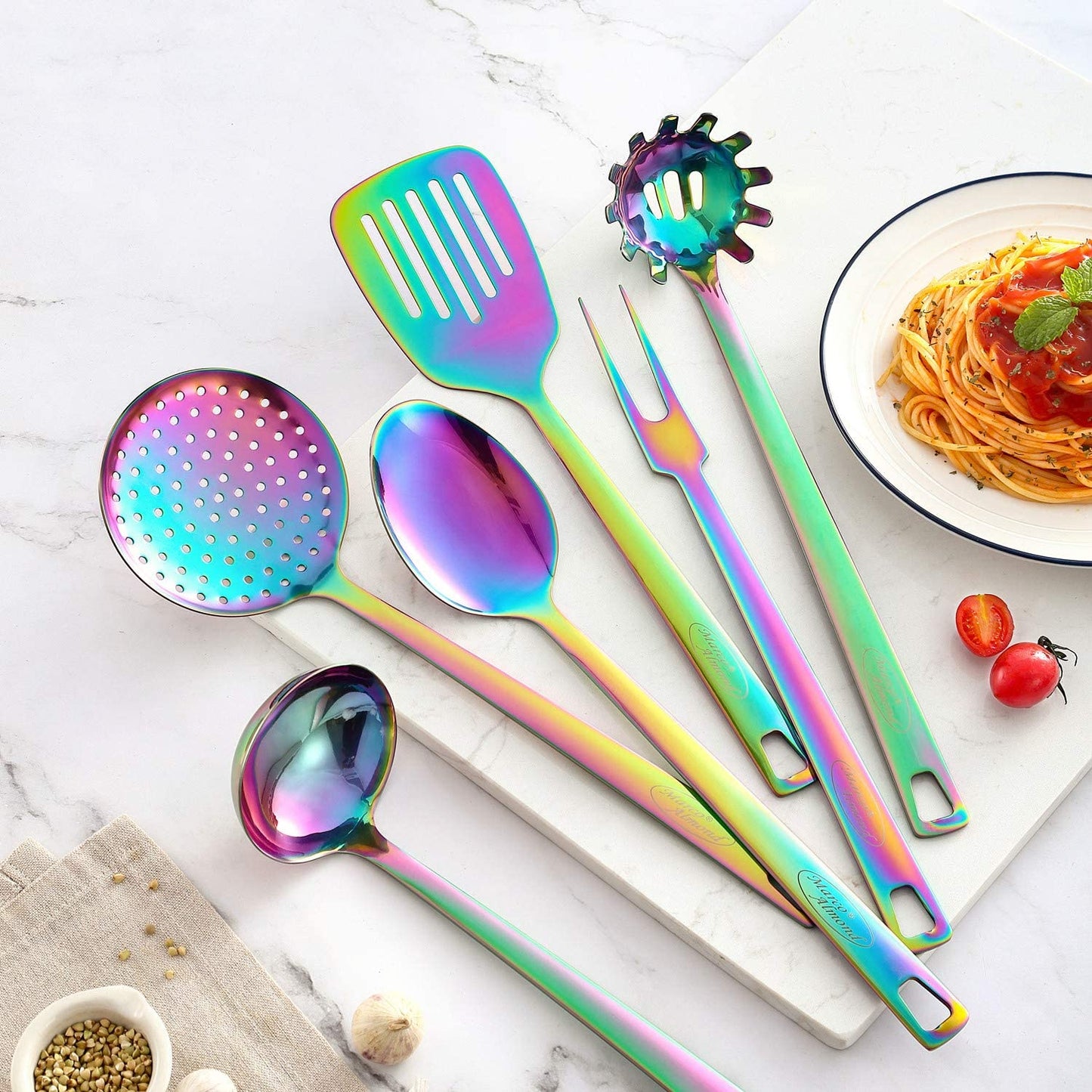 Utensil Set, Marco Almond® KYA52 Kitchen Stainless Steel Cooking Utensils Sets with Titanium Plated, 6 PCS Kitchen Turner, Serving Spoon, Ladle, Skimmer, Fork and Pasta Server, Rainbow