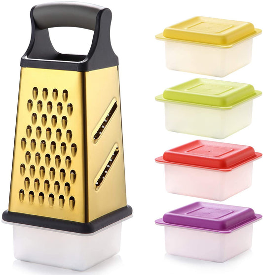 Gold Titanium Box Grater, Marco Almond® KYA53 Stainless Steel Grater Slicer 5 Piece Set, Potato Salad Vegetables Peelers 4 Sides, Best for Parmesan Cheese, Ginger