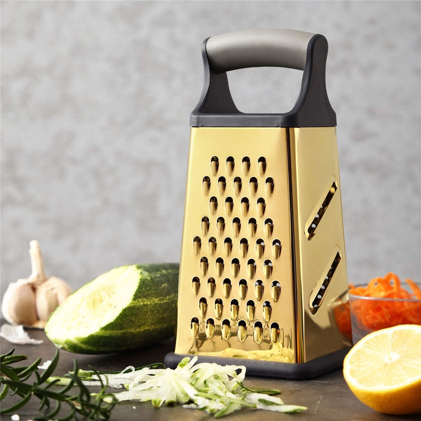 Gold Titanium Box Grater, Marco Almond® KYA53 Stainless Steel Grater Slicer 5 Piece Set, Potato Salad Vegetables Peelers 4 Sides, Best for Parmesan Cheese, Ginger