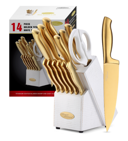 Gold Knife Set - Marco Almond® Knife Block Set MA21,Titanium Coated 14 Pieces Stainless Steel Chef Gold Kitchen Knife Sets with White Block