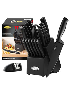 Marco Almond® Kitchen Knife Set with Block and Sharpener MA23, 17 Pieces Knife Block Set Stainless Steel Chef Black Knives Set for Kitchen